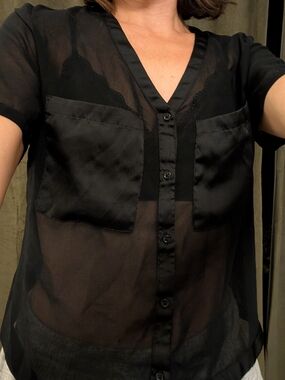 Sheer Black V-Neck Button Sexy Shirt